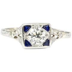 Art Deco Platinum Diamond and Sapphire Square Top Ring