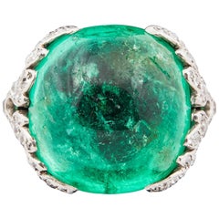 1920s Cabochon Emerald Platinum and Diamond Ring