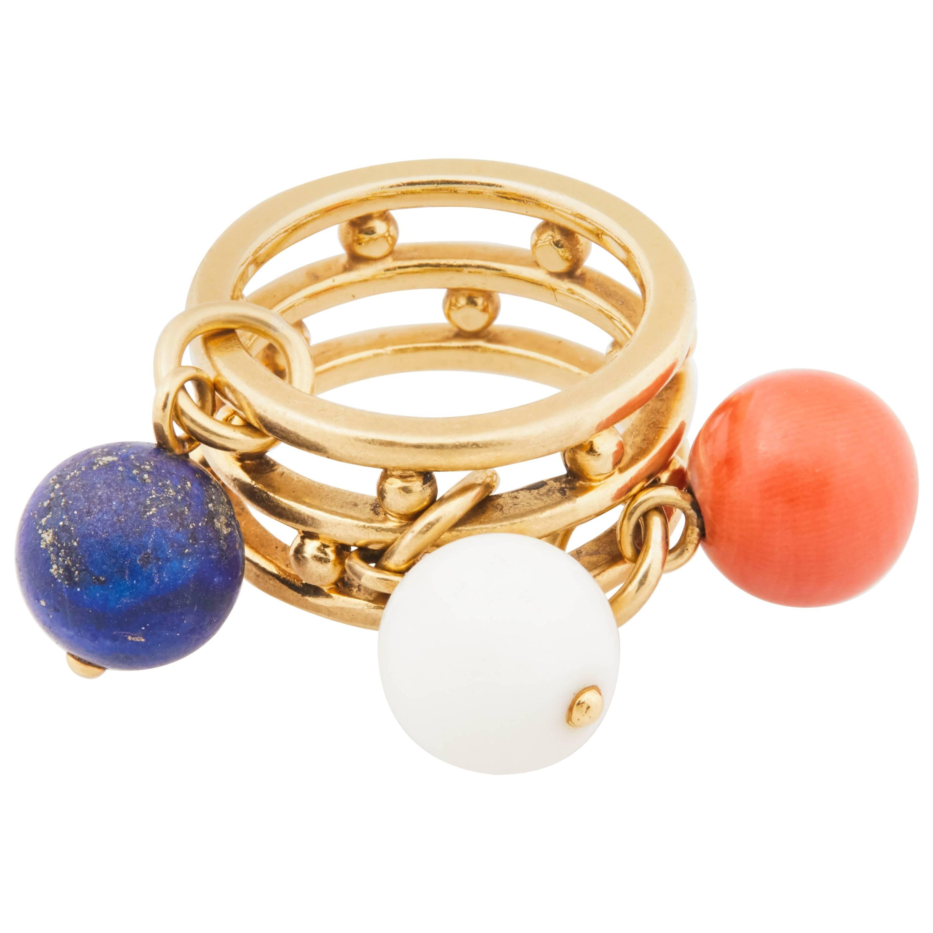 1970s French 18 Karat Gold Ring with Red and White Coral and Blue Lapis Beads