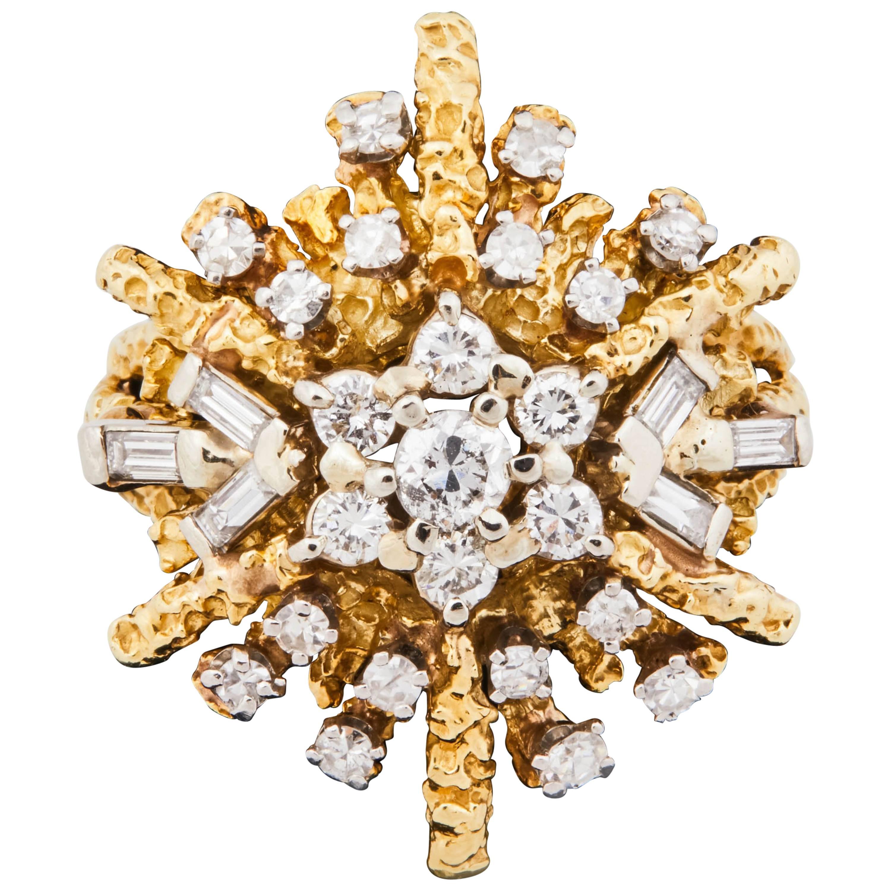 1950s French 18k Gold and Diamond Starburst Cocktail Ring