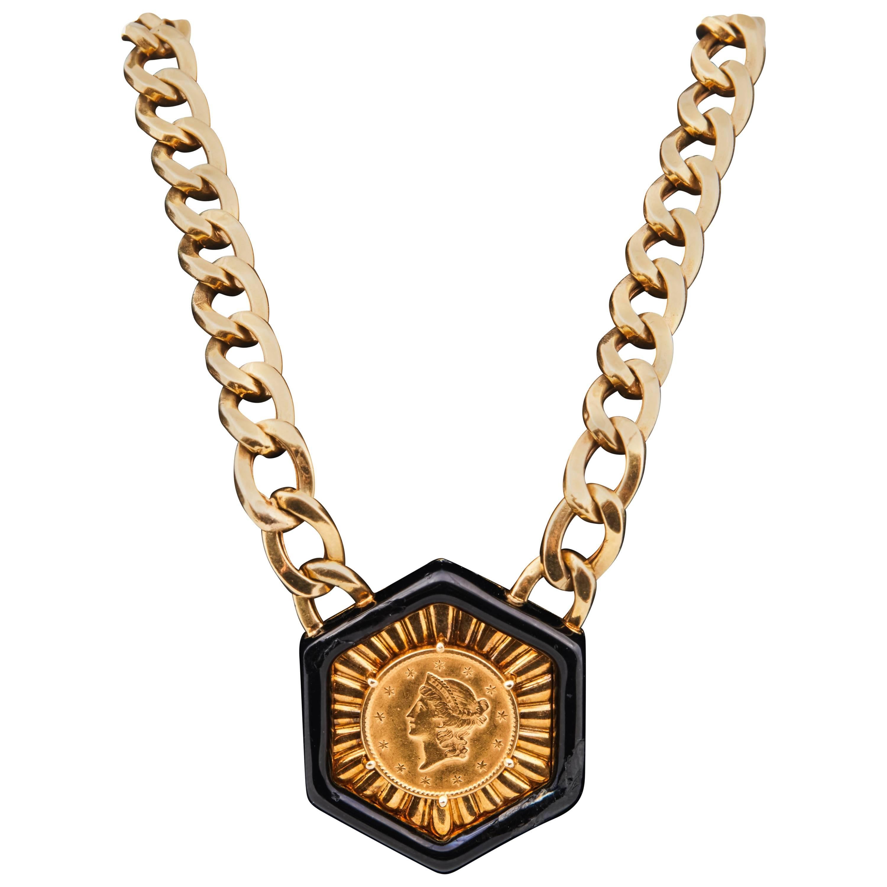 David Webb 1851 Liberty Head Dollar Enamel Hexagon Gold Pendant Choker