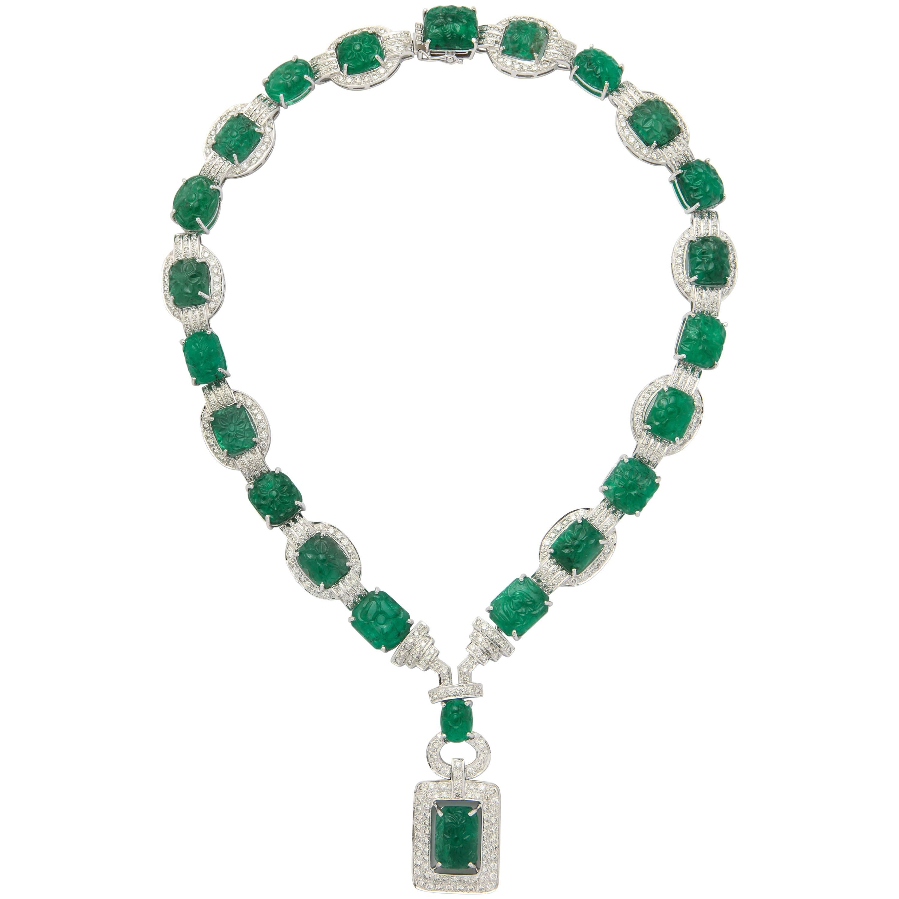 Important Carved Emerald and Diamond Necklace