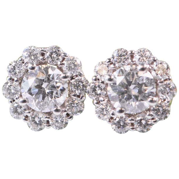 2 Carat Diamond Halo and 14 Karat Gold Stud Earrings For Sale at ...