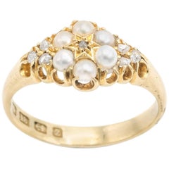 Antique Birmingham Fresh Water Pearl Diamond Ring 18 Karat Yellow Gold Flowers Stars