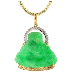 Vintage Jadeite Diamond Buddha Gold Pendant