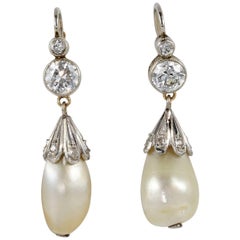 Belle Époque Natural Pearl Teardrop 1.90 Carat Diamond Rare Earrings