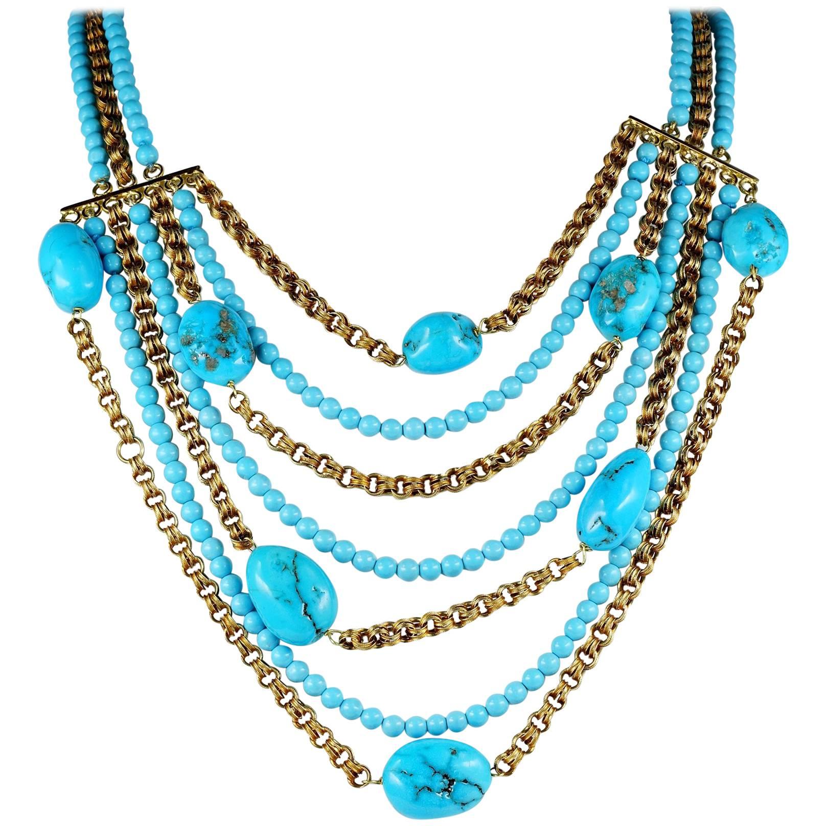 Natural Turquoise 18 Karat Multi Strand Necklace and Bracelet Set For Sale