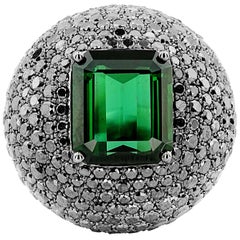 White Gold Black 4.70 ct Diamonds and Green 6.00 ct Tourmaline Ring