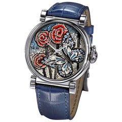 Stylish Automatic Watch Silver White Gold Dial Hand Decorated with Micromosaic