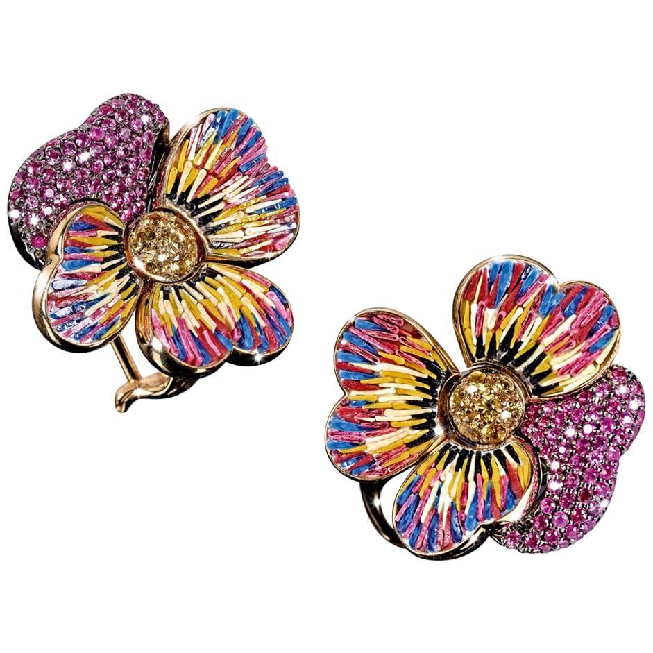 Stylish Earrings Pink & Yellow Sapphires Yellow Gold Hand Decorated Micromosaic For Sale