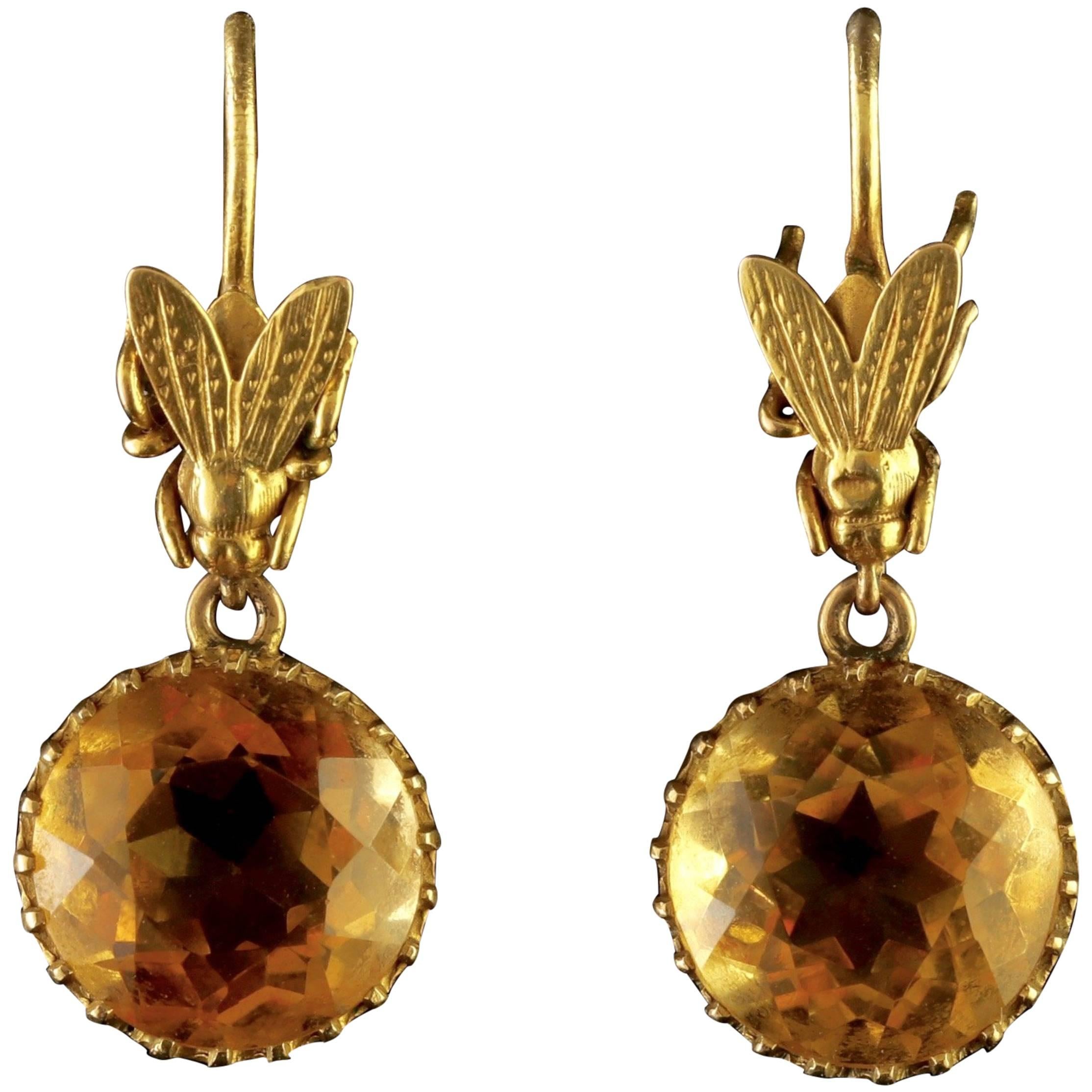 Antique Victorian 9 Carat Gold Citrine Bee Earrings, circa 1890