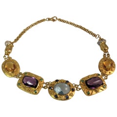 18 Karat Yellow Gold Textured Multi-Color Faceted Semi Precious Stone Necklace