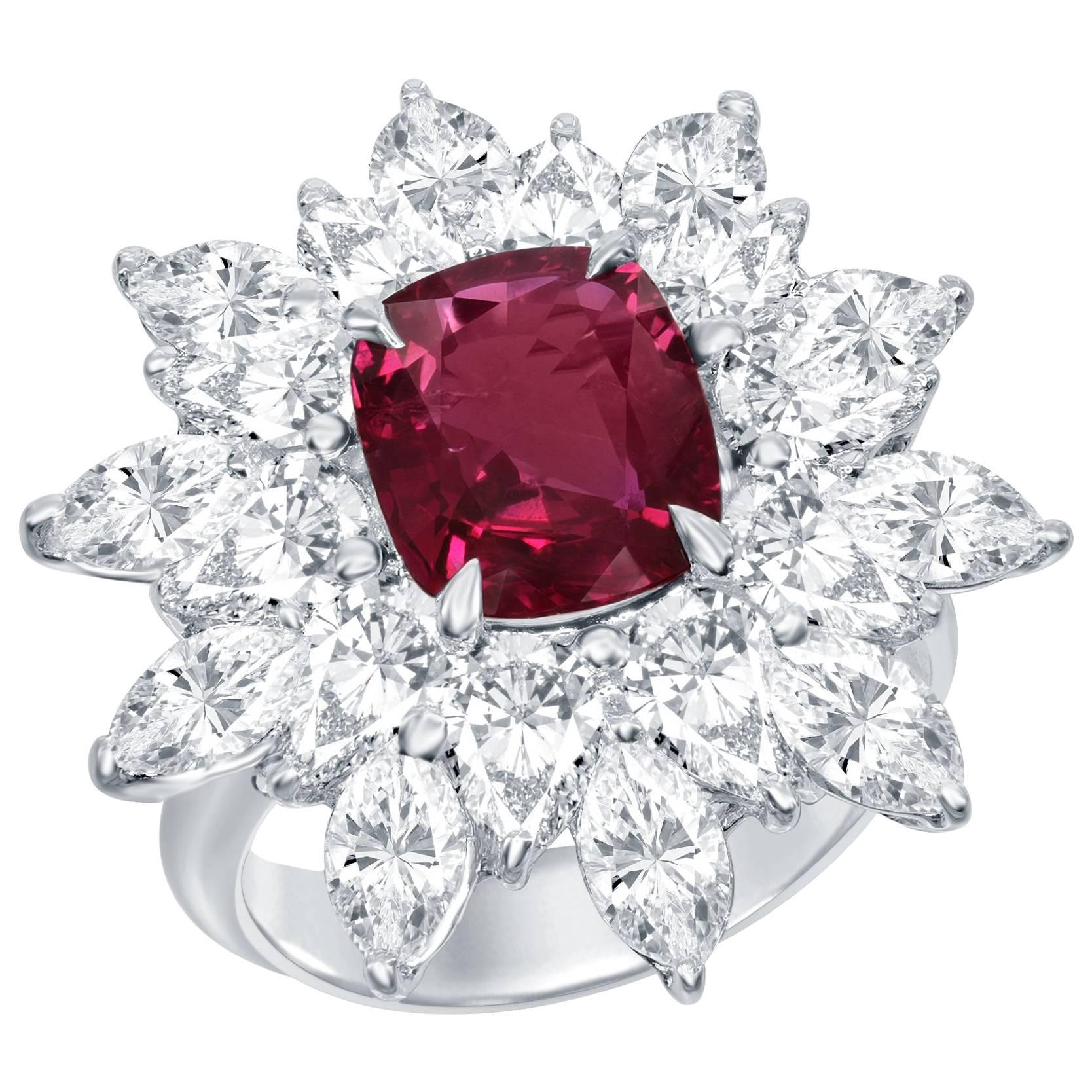 GRS Certified 2.76 Carat Red Ruby Diamond Platinum Cocktail Ring