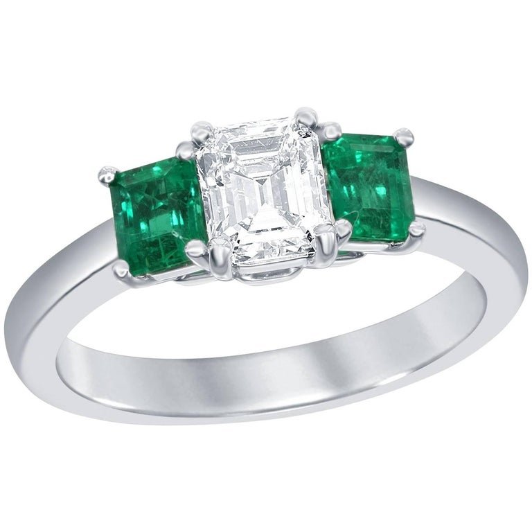 GIA Certified Asscher Cut Diamond Emerald ThreeStone Engagement Ring