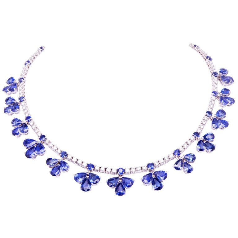 Ella Gafter Blue Sapphire and Diamond Flower White Gold Choker Necklace ...