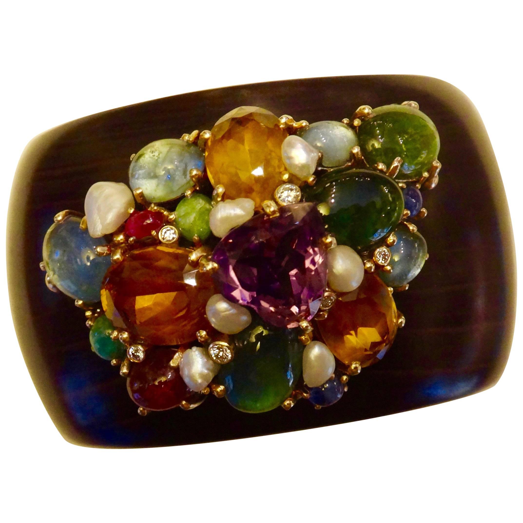 Michael Kneebone Multicolored Gemstone Pearl Diamond Ebony Cuff Bracelet