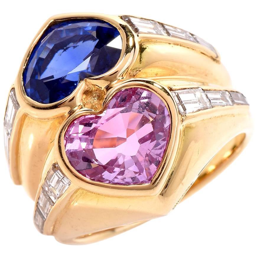 Bvlgari Natural No-Heat Heart-Shape Sapphires and Diamond Gold Ring