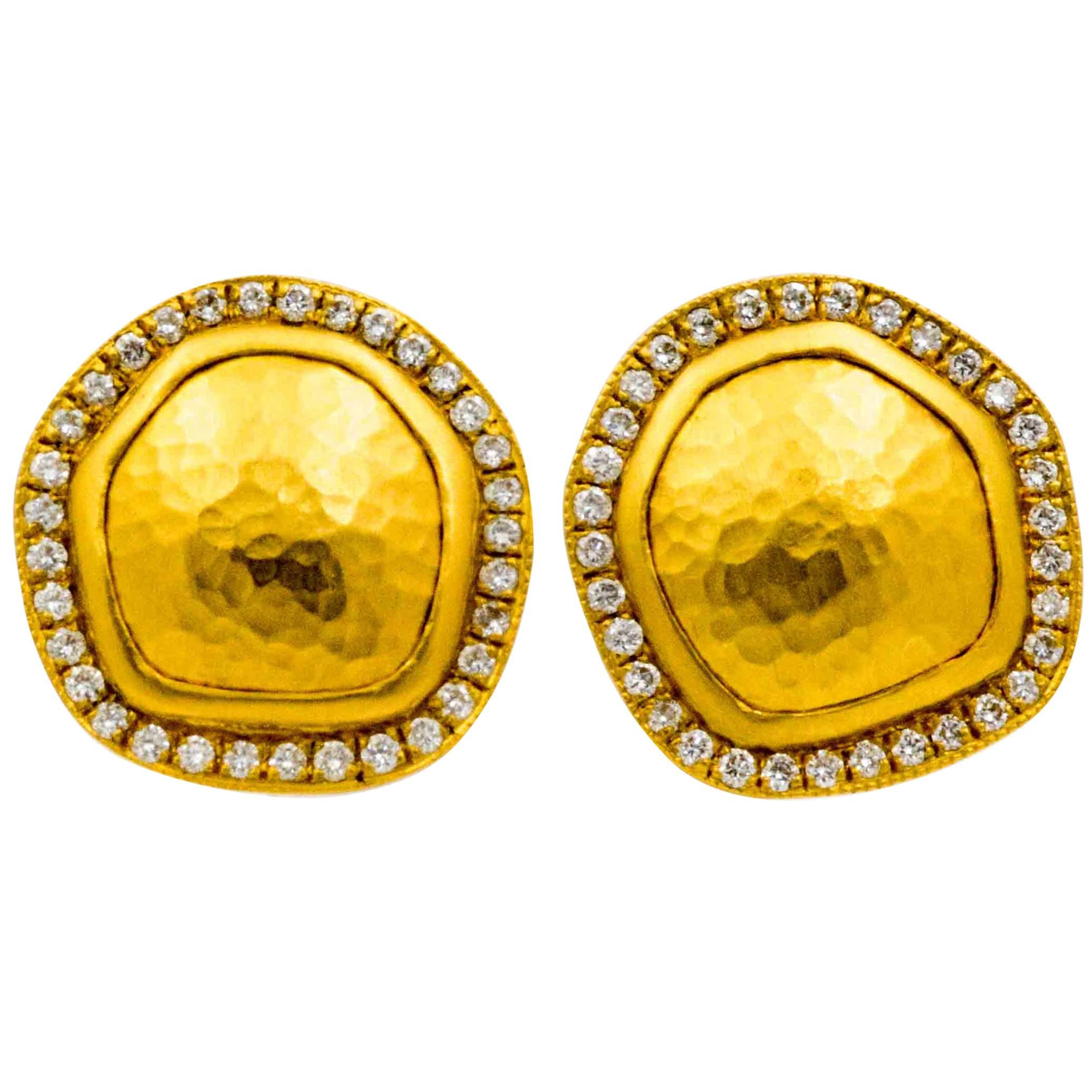 Lika Behar Reflections .74 Carat Diamonds Hammered 22K Yellow Gold Disc Earrings