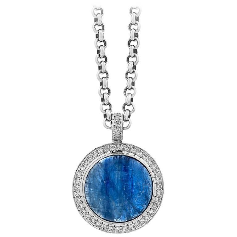 White Gold Kyanite and Diamond Halo Pendant For Sale