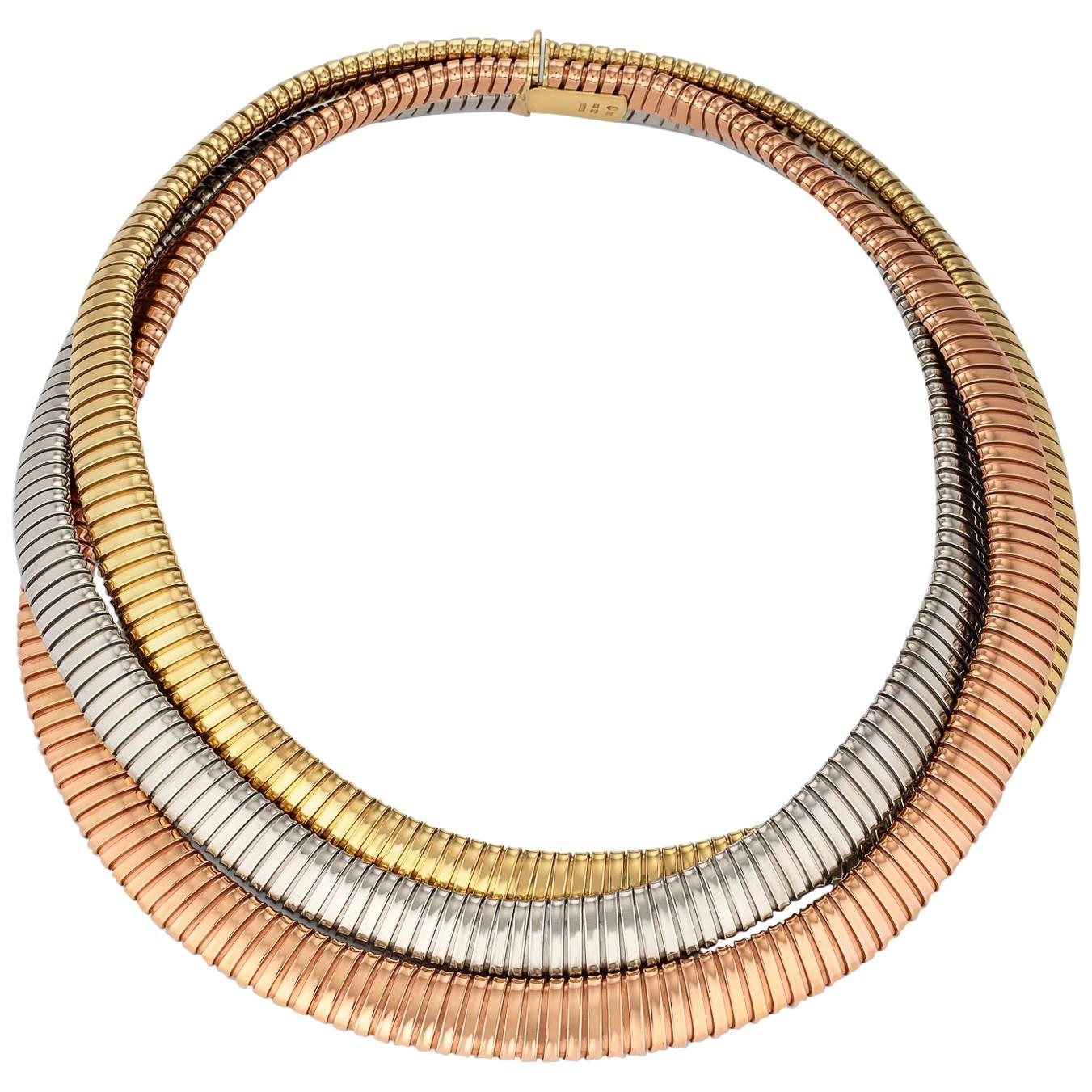 Tri-Color Gold Three-Strand Tubogas Vintage Necklace