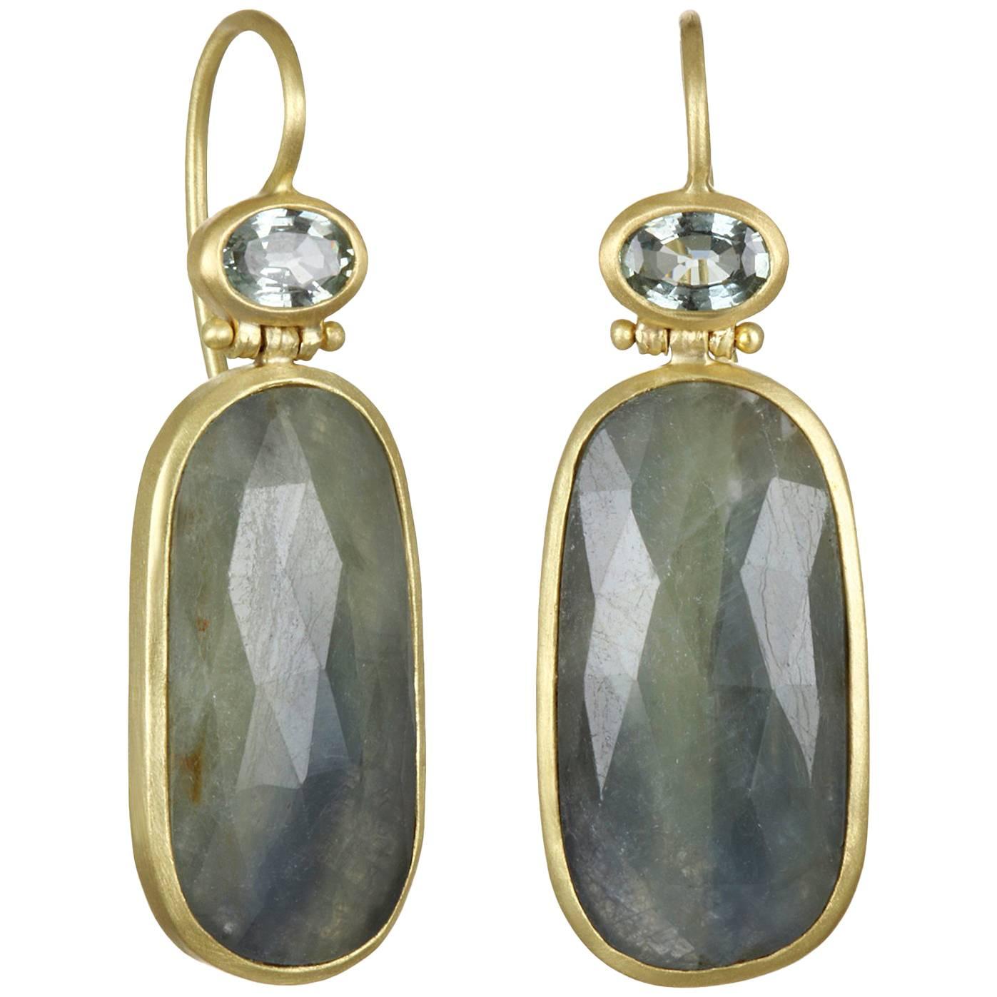 Faye Kim Blue-Green Sapphire Gold Drop Earrings