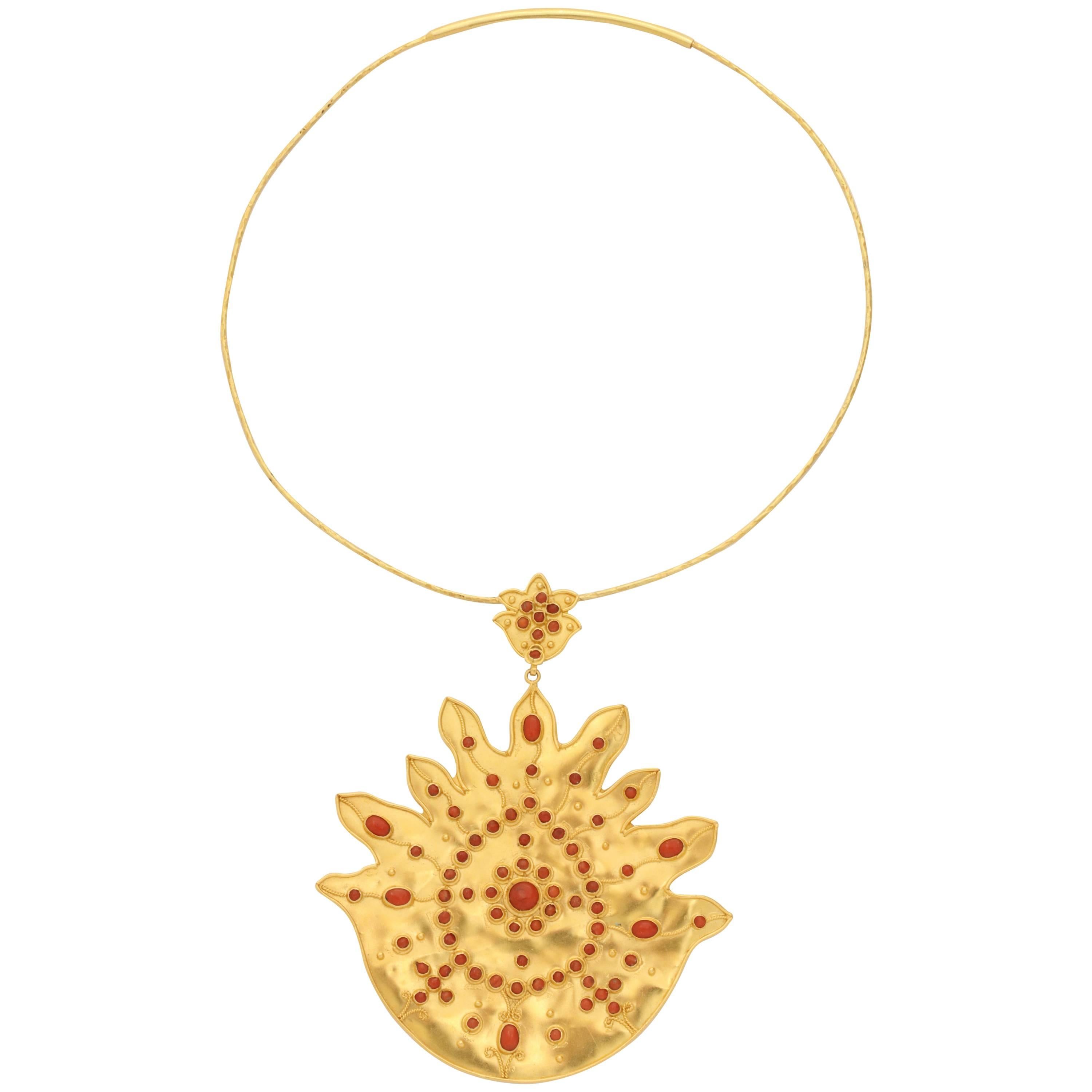 Gold Coral Flame Pendant Necklace