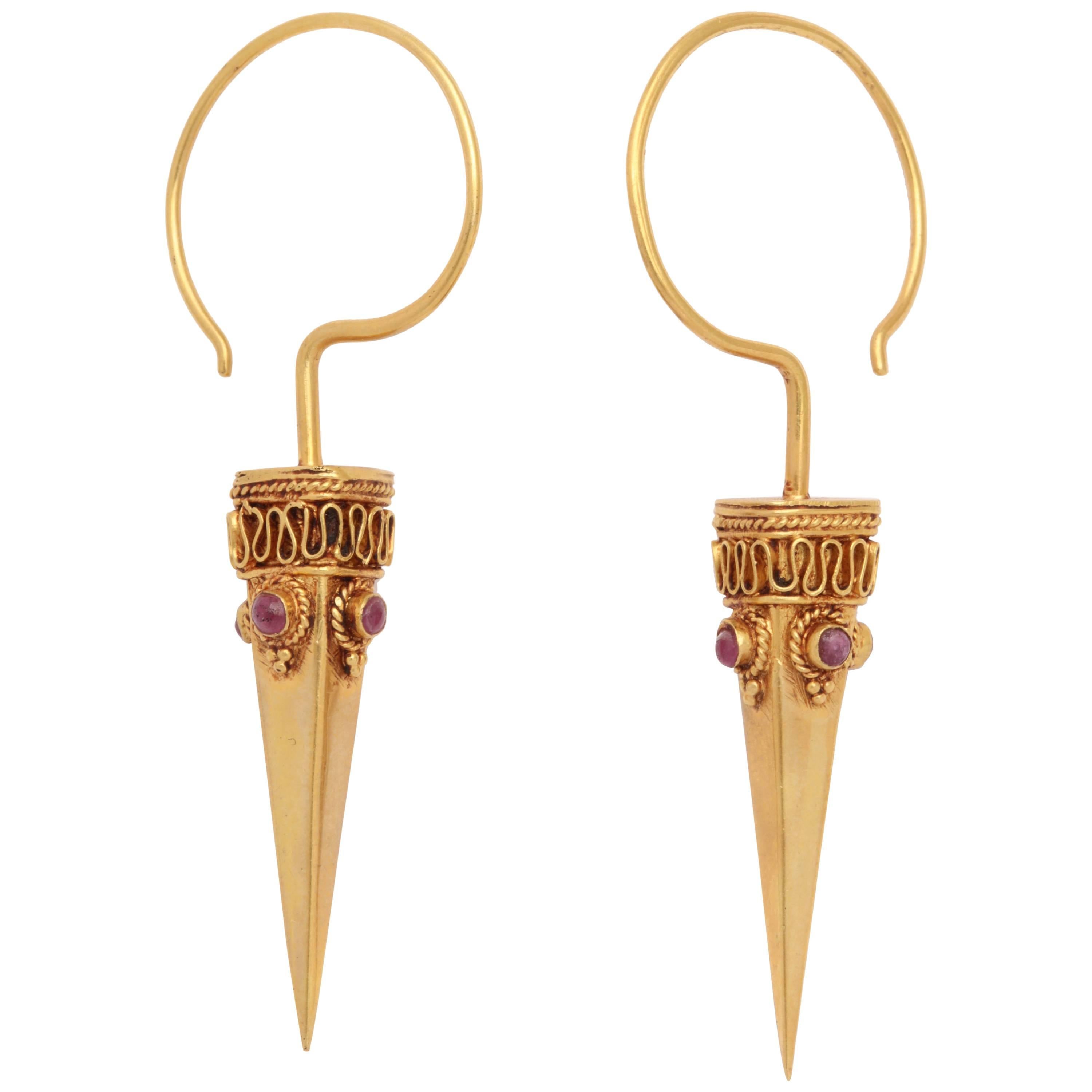 Gold Ruby Spike Earrings For Sale