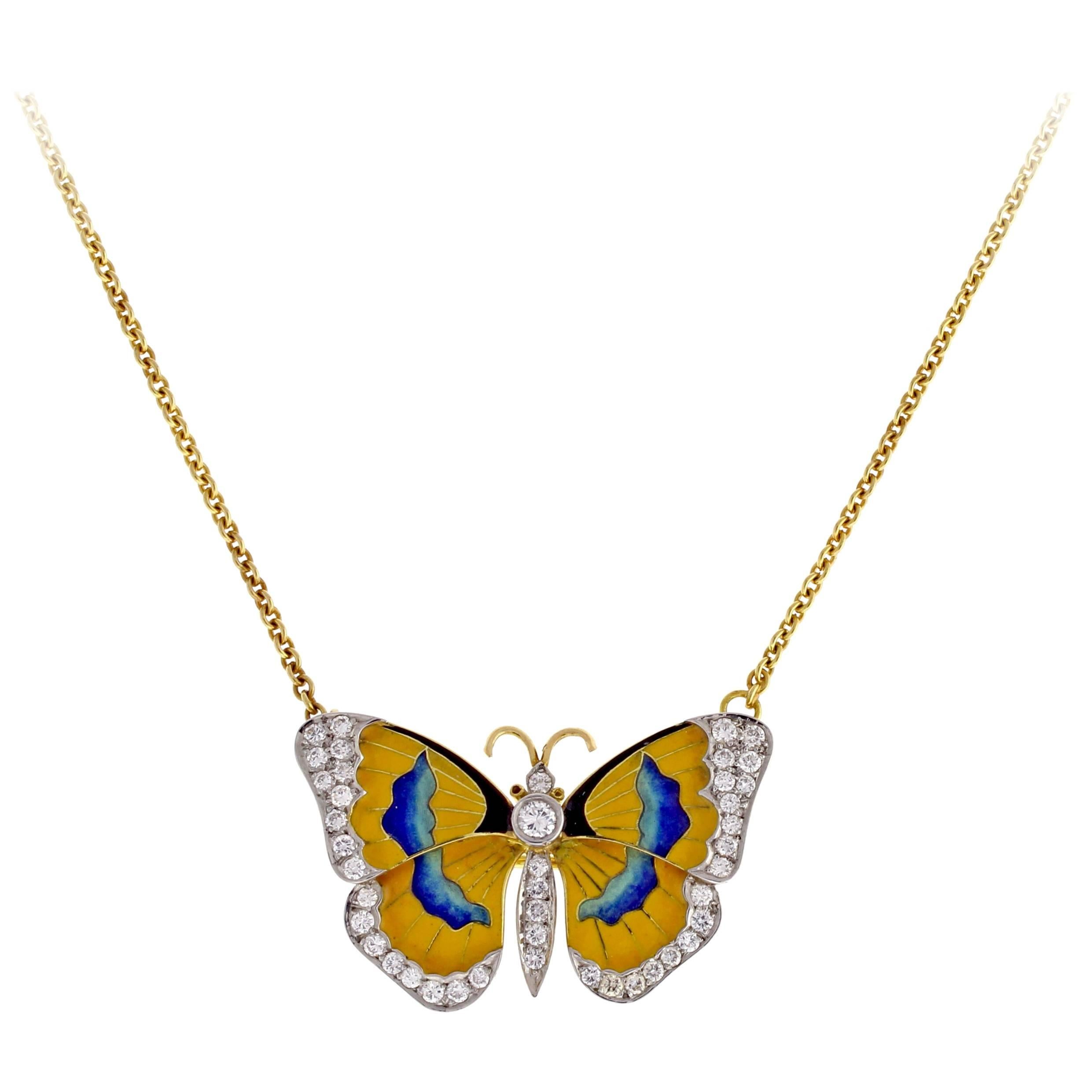 Van Cleef & Arpels Diamond Enamel Butterfly Necklace-Brooch