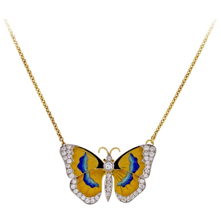 Van Cleef and Arpels Diamond Enamel Butterfly Necklace-Brooch at 1stDibs