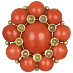 Faye Kim 18k Gold Red Coral Flower Pendant / Brooch with Raw Diamonds