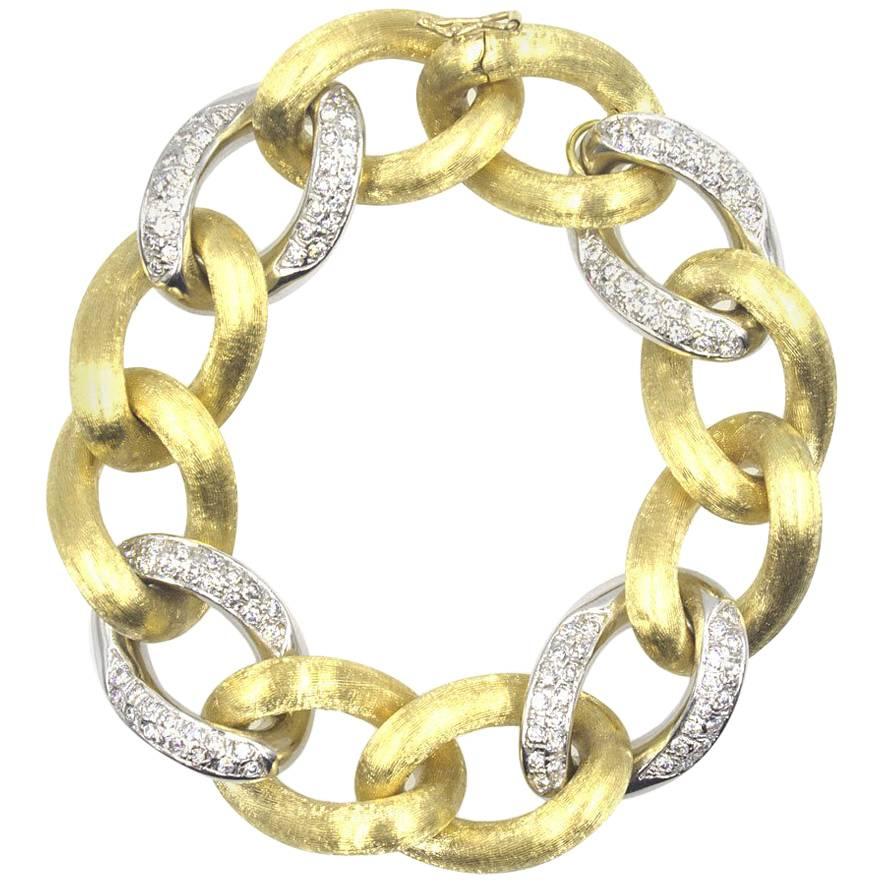 Italian Diamond 18 Karat Two-Tone Satin Finished Gold Link Bracelet