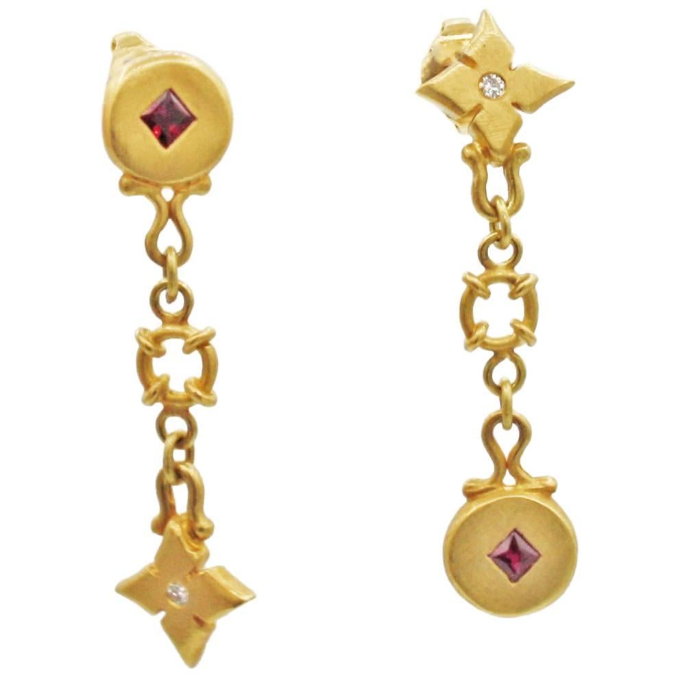 Renato Cipullo Diamond, Ruby & Gold Drop Earrings For Sale