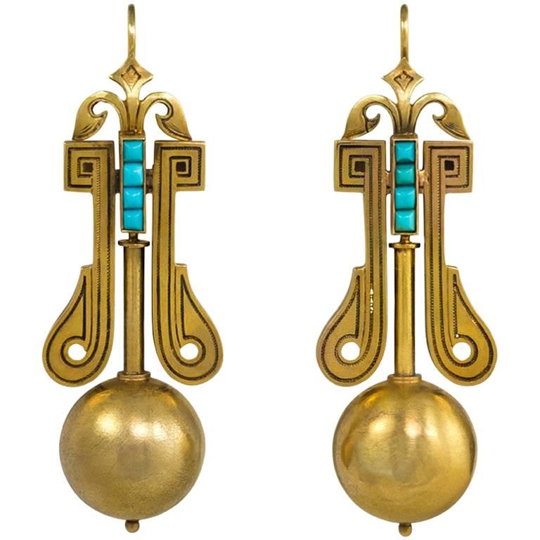 Antique Victorian Gold Earrings with Bead Pendants and Turquoise Accents