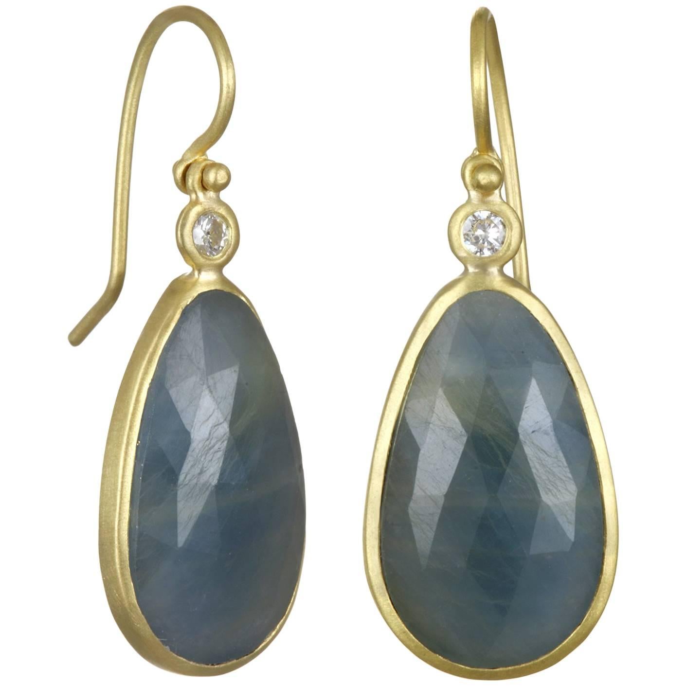 Faye Kim Blue Sapphire Gold Bezel Drop Earrings with Diamond