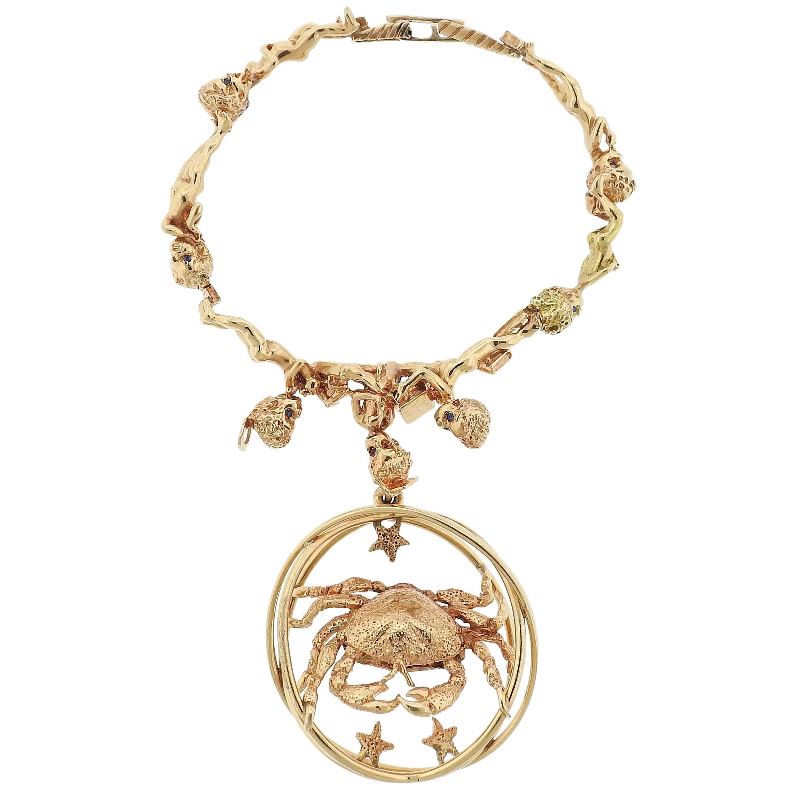 Ruser Retro Gold Sapphire Cherub Bracelet Cancer Zodiac Charm