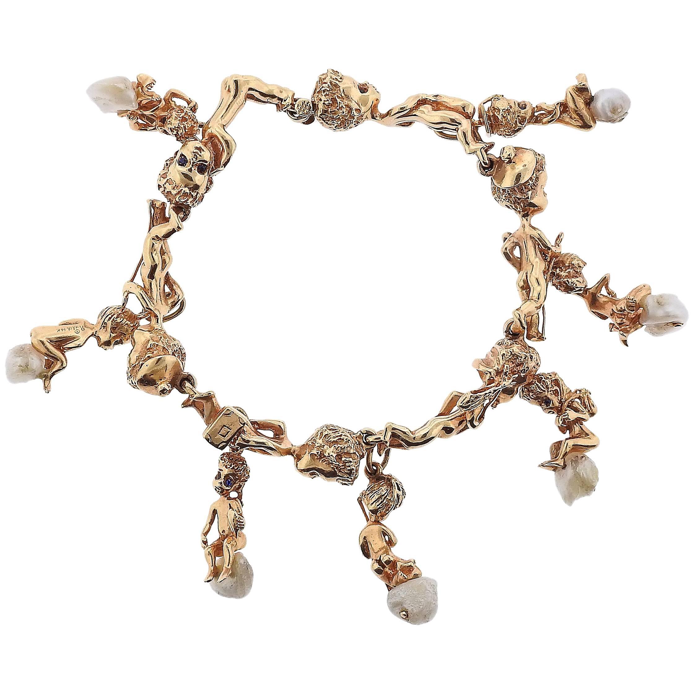 Ruser Retro Gold Pearl Sapphire Cherub Charm Bracelet
