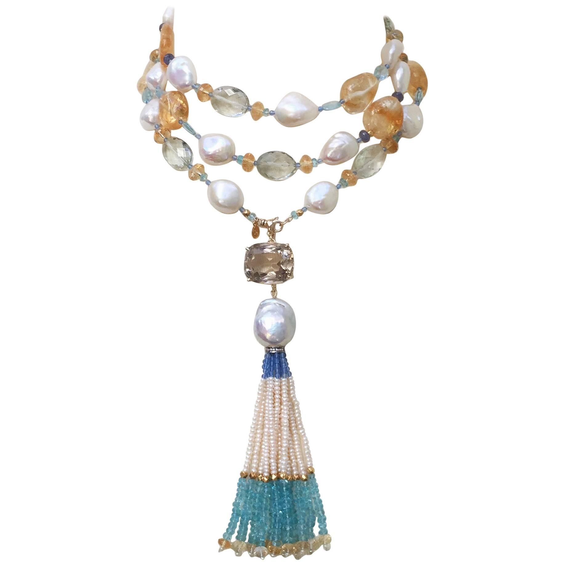 Multi Color Semi-Precious Beads and Pearl Sautoir, 14 K Gold Clasp by Marina J