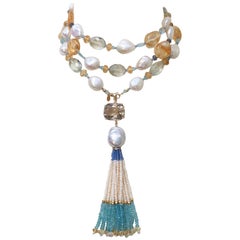 Multi Color Semi-Precious Beads and Pearl Sautoir, 14 K Gold Clasp by Marina J