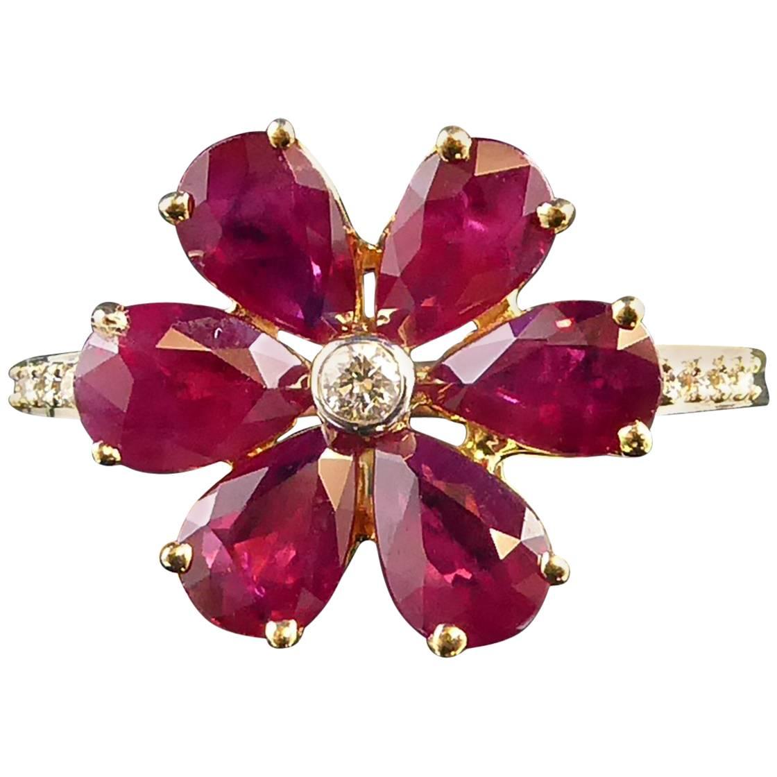 Vintage Ruby Diamond Cluster Ring, Daisy Design, Diamond Shoulders, 18 Carat