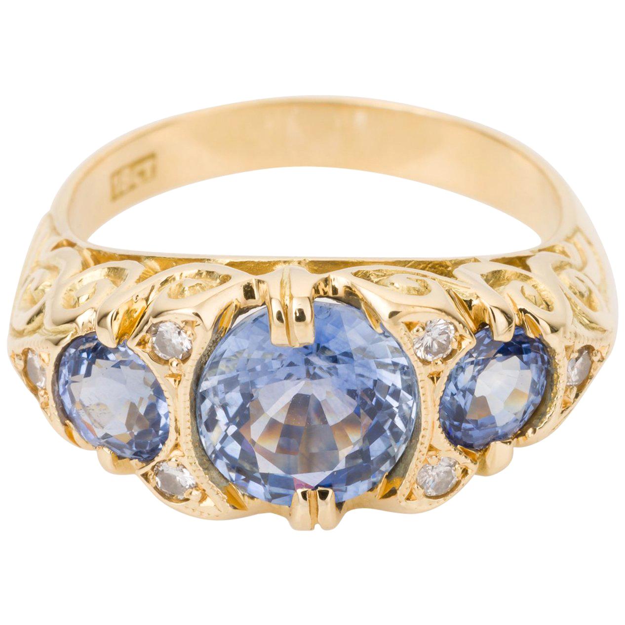 Ceylon Sapphire and Diamond Three-Stone Ring