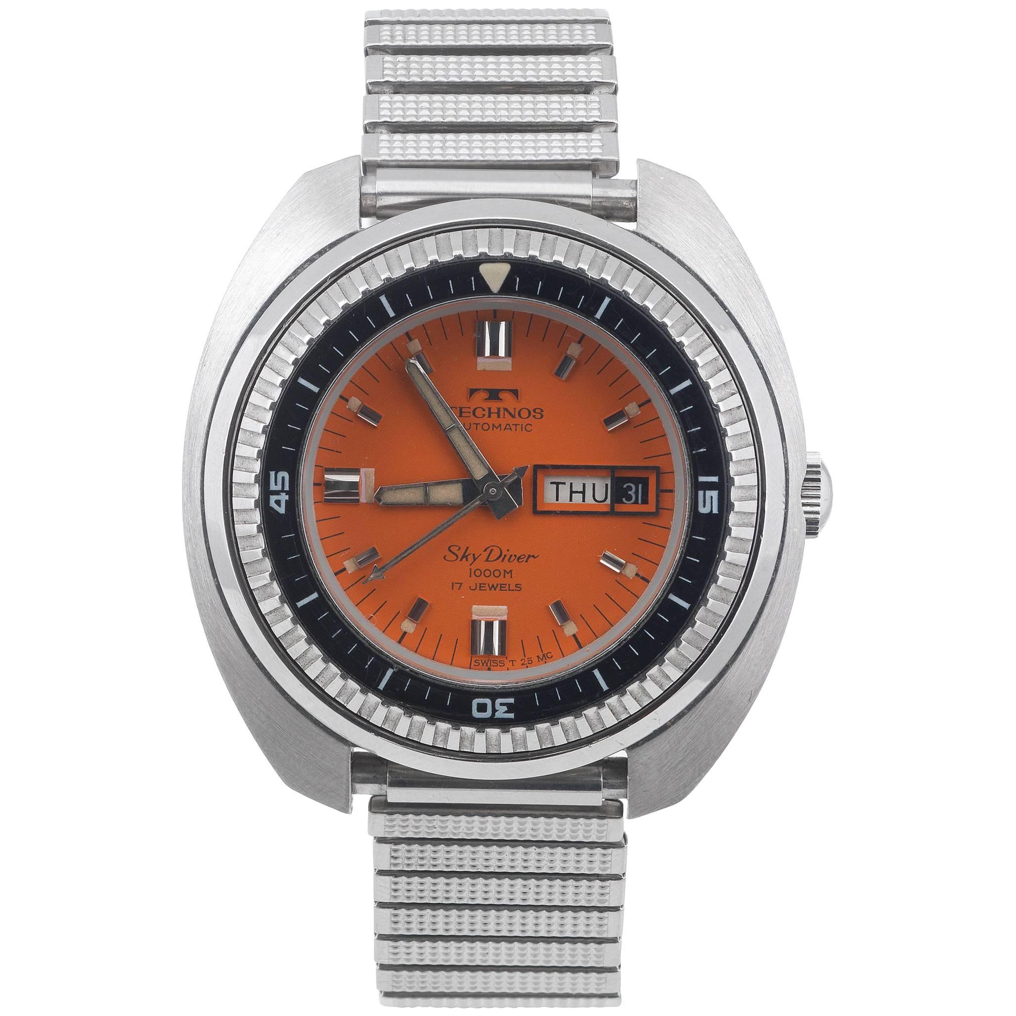 Technos Stainless Steel Skydiver Orange Dial Automatic Wristwatch Ref 10709