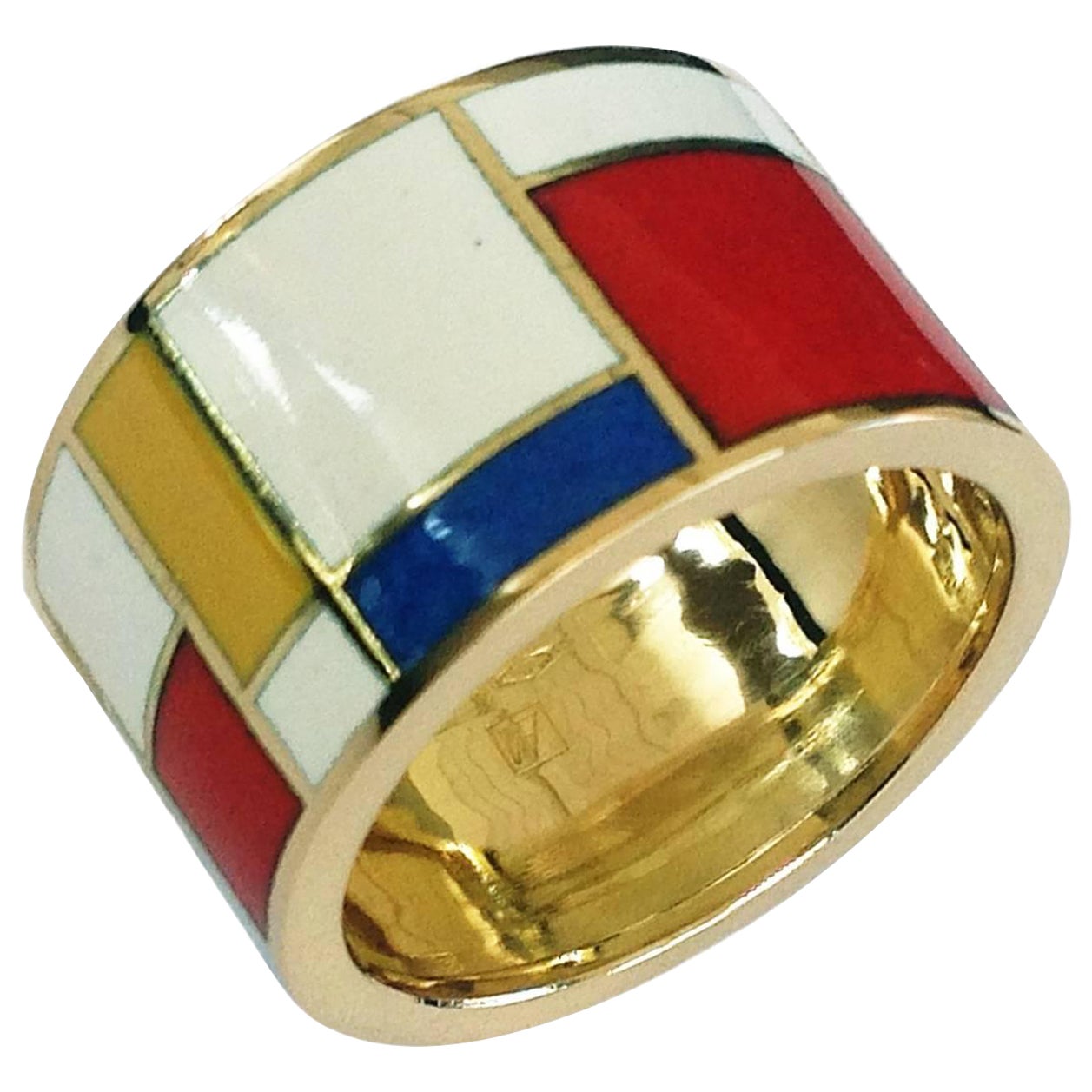 Dalben Homage to Mondrian Unisex Enamel Gold Ring For Sale