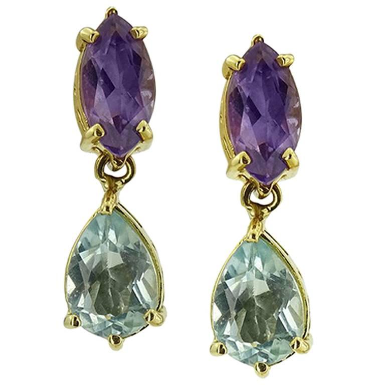 Yellow Gold Petit with Marquise Cut Amethyst and Pear Cut Blue Topaz Earrings For Sale