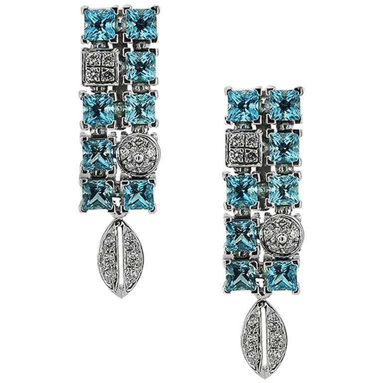 White Gold Drop with Blue Topaz 6.77 ct and 0.57 ct Diamond Earrings For Sale