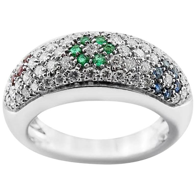 White Gold with Brilliant Cut Rubies, Sapphire Emerald and 1.01 ct Diamond Ring For Sale
