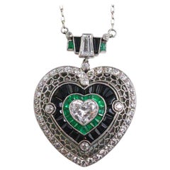 Heart Shape Diamond Emerald Onyx Necklace