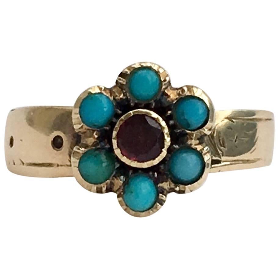 Victorian Flat Cut Garnet Love Token Ring Forget-Me-Not Turquoise Flower Buckle