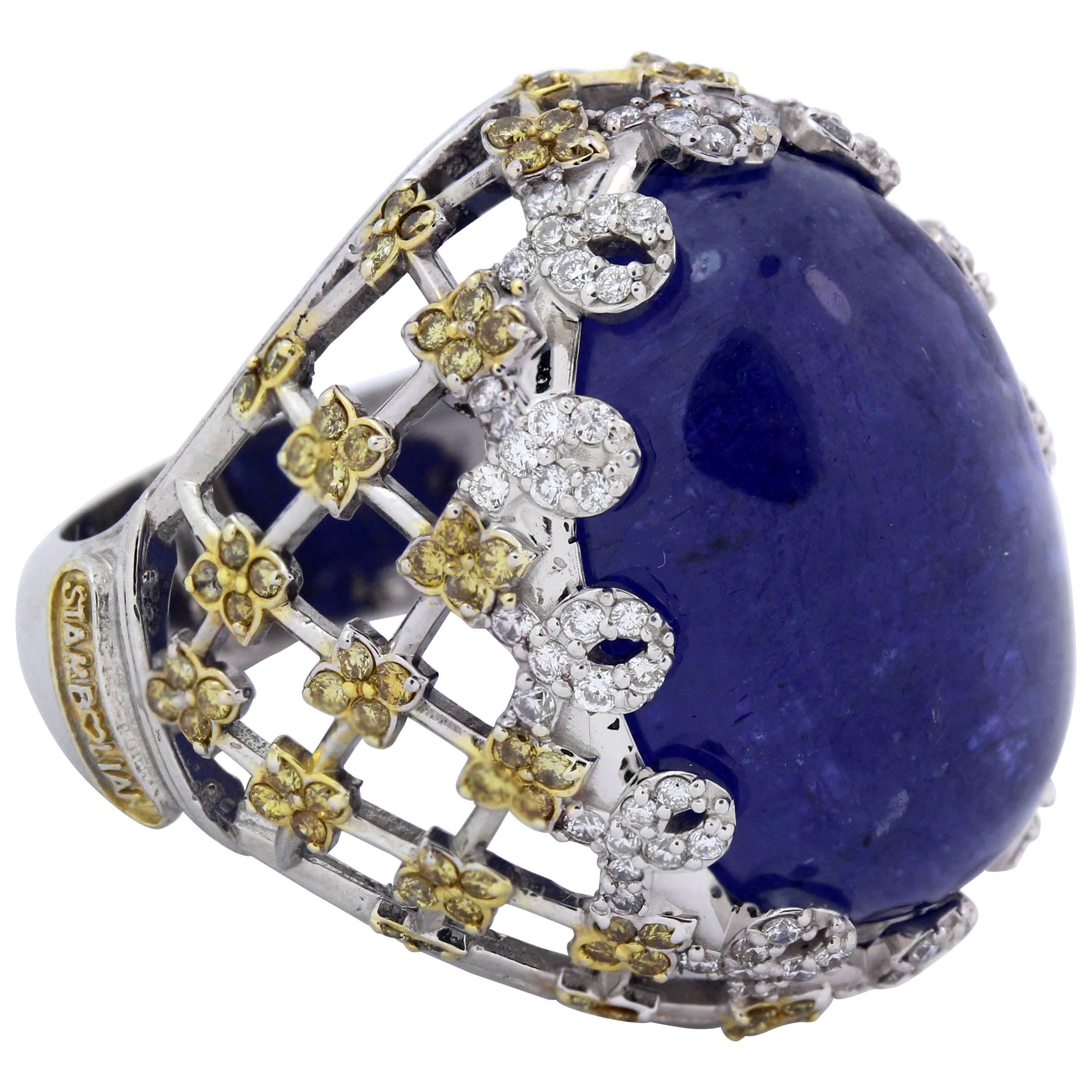 Stambolian Cabochon Tanzanite Yellow and White Diamond Gold Ring