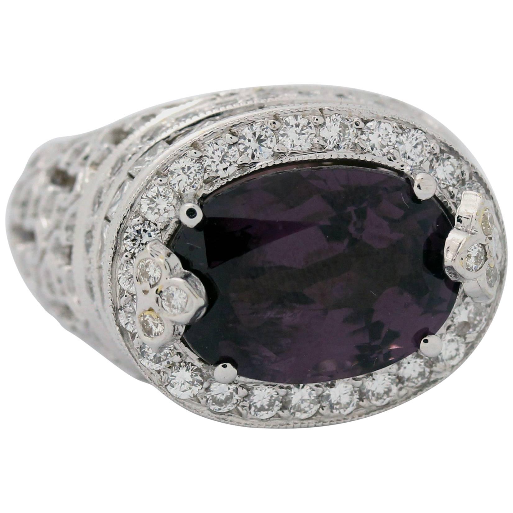 Purple Spinel Princess and Round Cut Diamond White Gold Ring