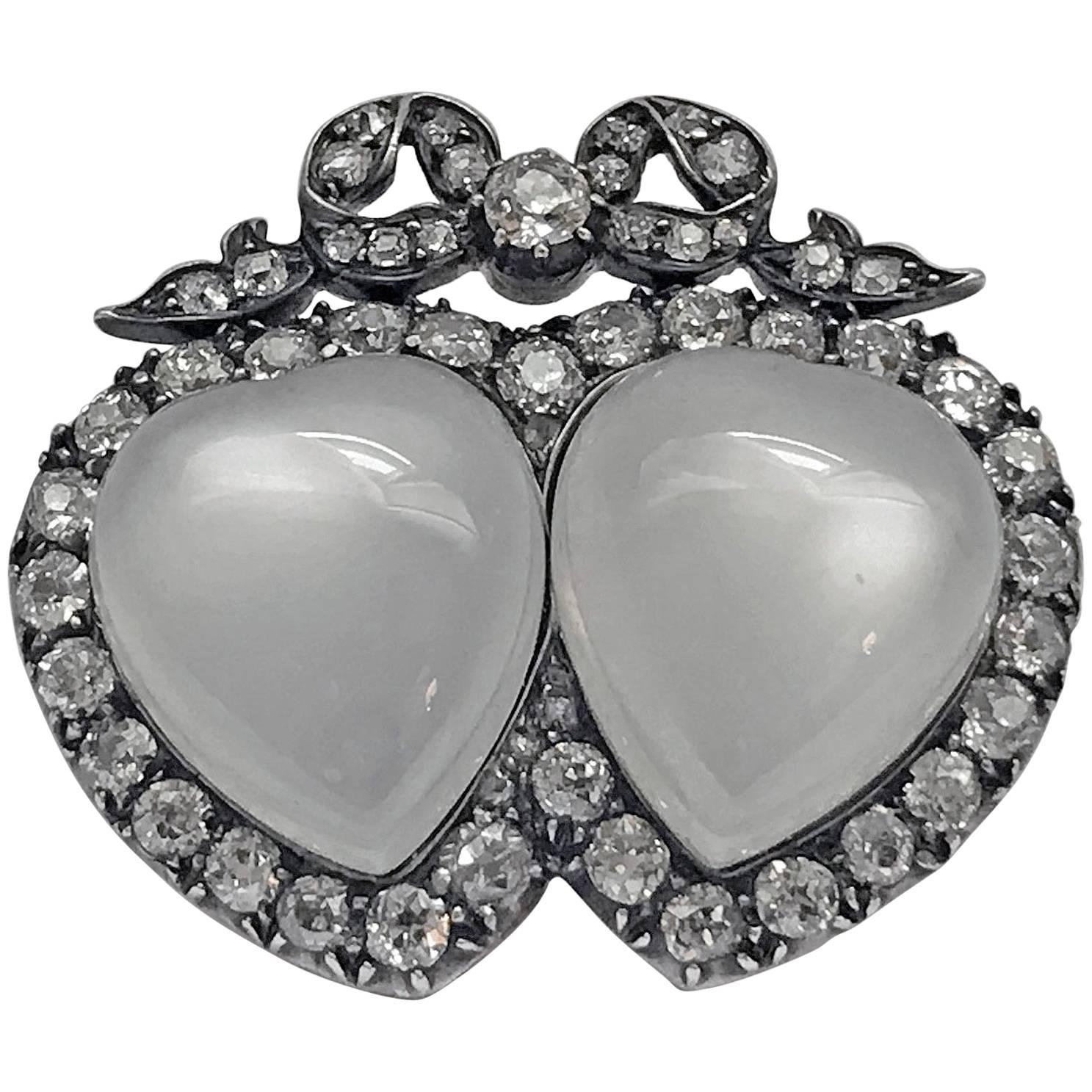 Antique English Double Heart Moonstone Diamond Brooch